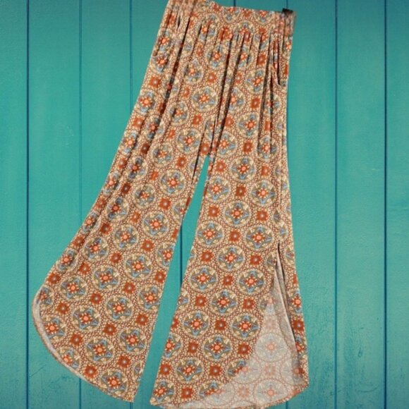 Free Shipping! Smocked Waist SZ S Slit Palazzo Leg Round Hem Printed Boho Pants - Picture 1 of 11